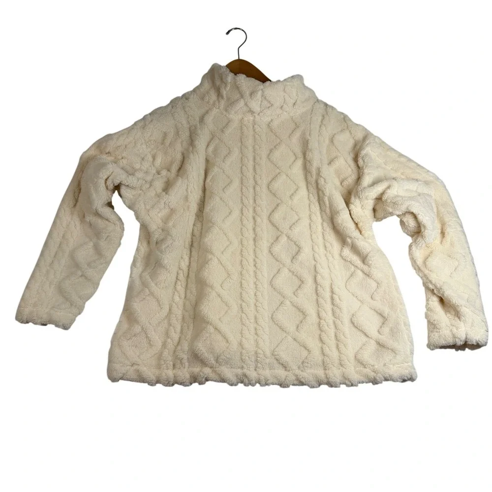Eddie Bauer Womens XL Cream Sherpa Fleece Cable Knit Embossed Mock Neck Pullover